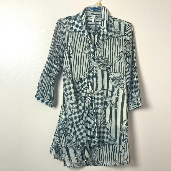 LINDI Asymmetrical Button-Down Shirt Ruffle Detail Black/White Size Medium - Picture 1 of 10
